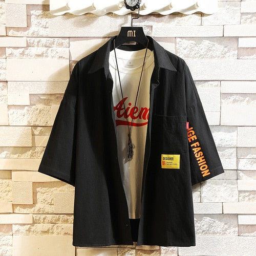White Oversized Cotton Military Mens Blouses Fashion Summer Casual Shirts Top Men Loose Short Sleeve Japanese Male Blouse