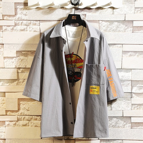 White Oversized Cotton Military Mens Blouses Fashion Summer Casual Shirts Top Men Loose Short Sleeve Japanese Male Blouse