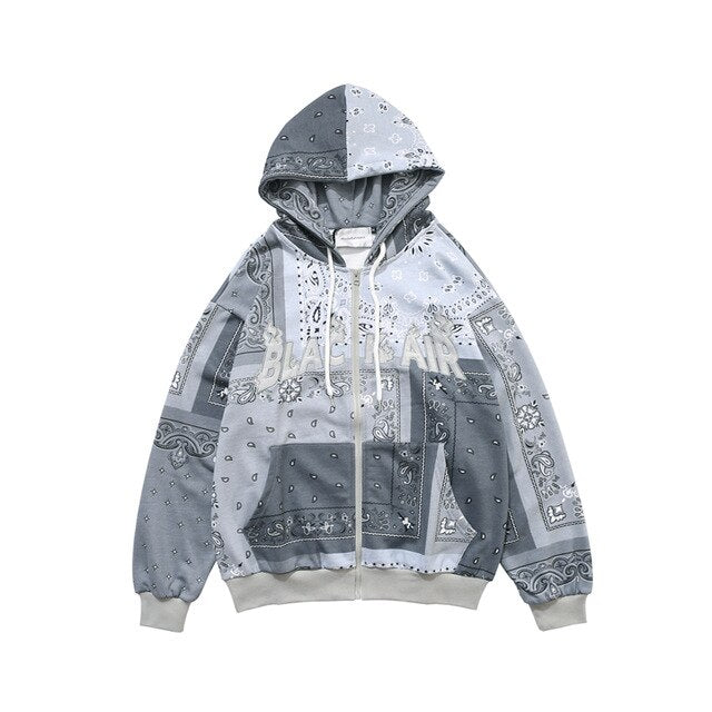 Full Zip Cashew Flowers Pink Hooded Sweatshirts Hoodies Men/women Harajuku Casual Patchwork Hoodie Hip Hop Cotton Tops