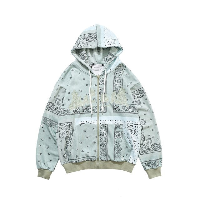 Full Zip Cashew Flowers Pink Hooded Sweatshirts Hoodies Men/women Harajuku Casual Patchwork Hoodie Hip Hop Cotton Tops