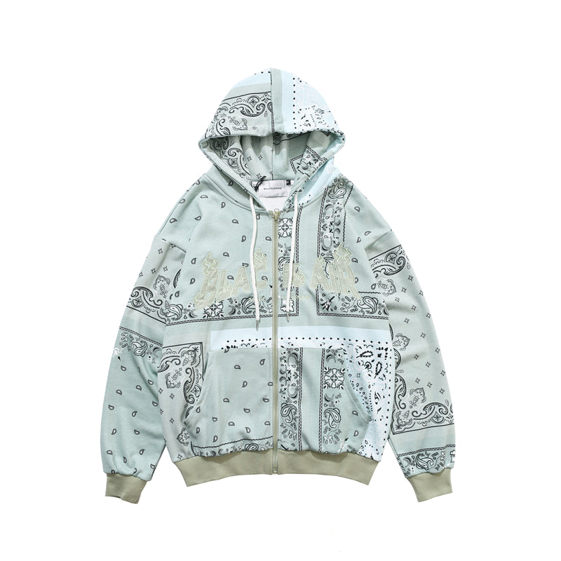 Full Zip Cashew Flowers Pink Hooded Sweatshirts Hoodies Men/women Harajuku Casual Patchwork Hoodie Hip Hop Cotton Tops