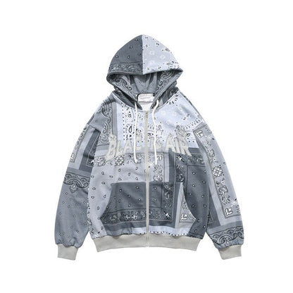 Full Zip Cashew Flowers Pink Hooded Sweatshirts Hoodies Men/women Harajuku Casual Patchwork Hoodie Hip Hop Cotton Tops