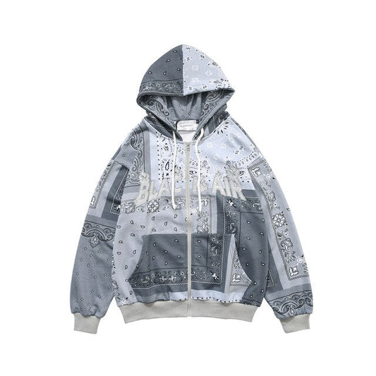Full Zip Cashew Flowers Pink Hooded Sweatshirts Hoodies Men/women Harajuku Casual Patchwork Hoodie Hip Hop Cotton Tops
