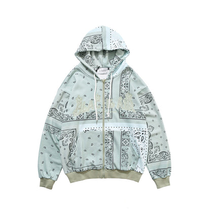 Full Zip Cashew Flowers Pink Hooded Sweatshirts Hoodies Men/women Harajuku Casual Patchwork Hoodie Hip Hop Cotton Tops