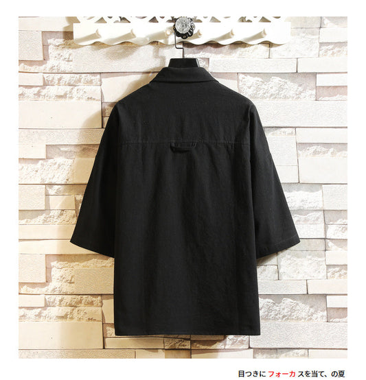 White Oversized Cotton Military Mens Blouses Fashion Summer Casual Shirts Top Men Loose Short Sleeve Japanese Male Blouse