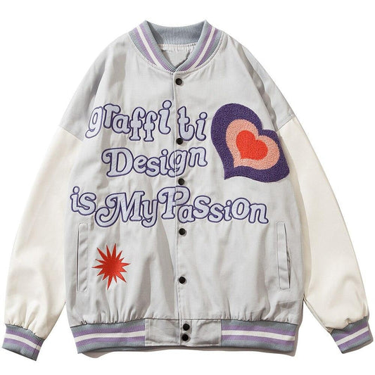 Furry Heart Patch Letter Embroidery Baseball Jacket Couple Varsity Jackets Coats Autumn Fashion Harajuku Streetwear Men