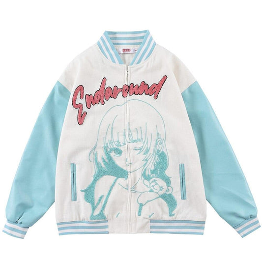 Jacket Men Comics Girl Print Patchwork Color Baseball Jackets College Style Baggy Casual Outwear Cozy Couple Streetwear